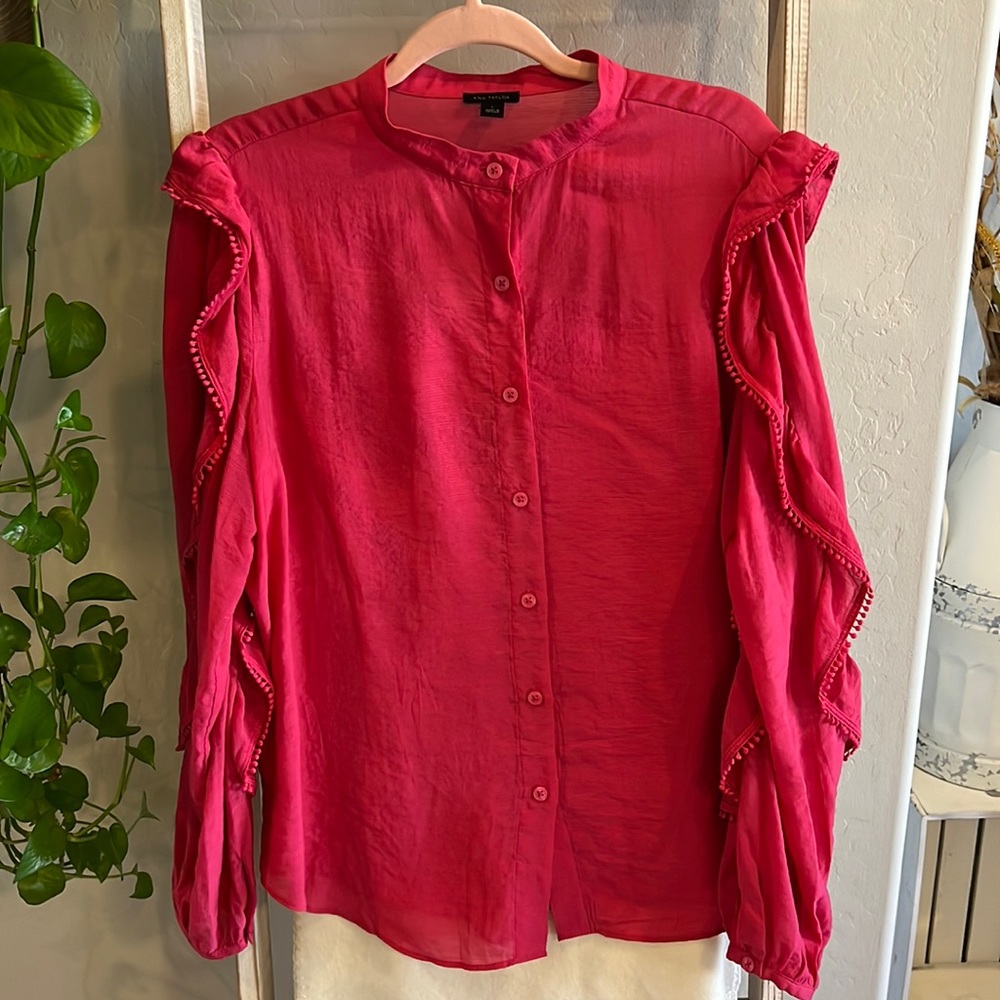 Hot pink long sleeve Ann Taylor blouse with ruffle shoulder and sleeve detail